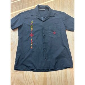 Remington Mens Black Cotton Flame Iron Cross Embroidered Button Down Shirt M